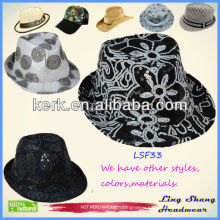 LSF33 Ningbo Lingshang Beautiful Flower Sequins Fabric Fedora fancy design cheap top hats